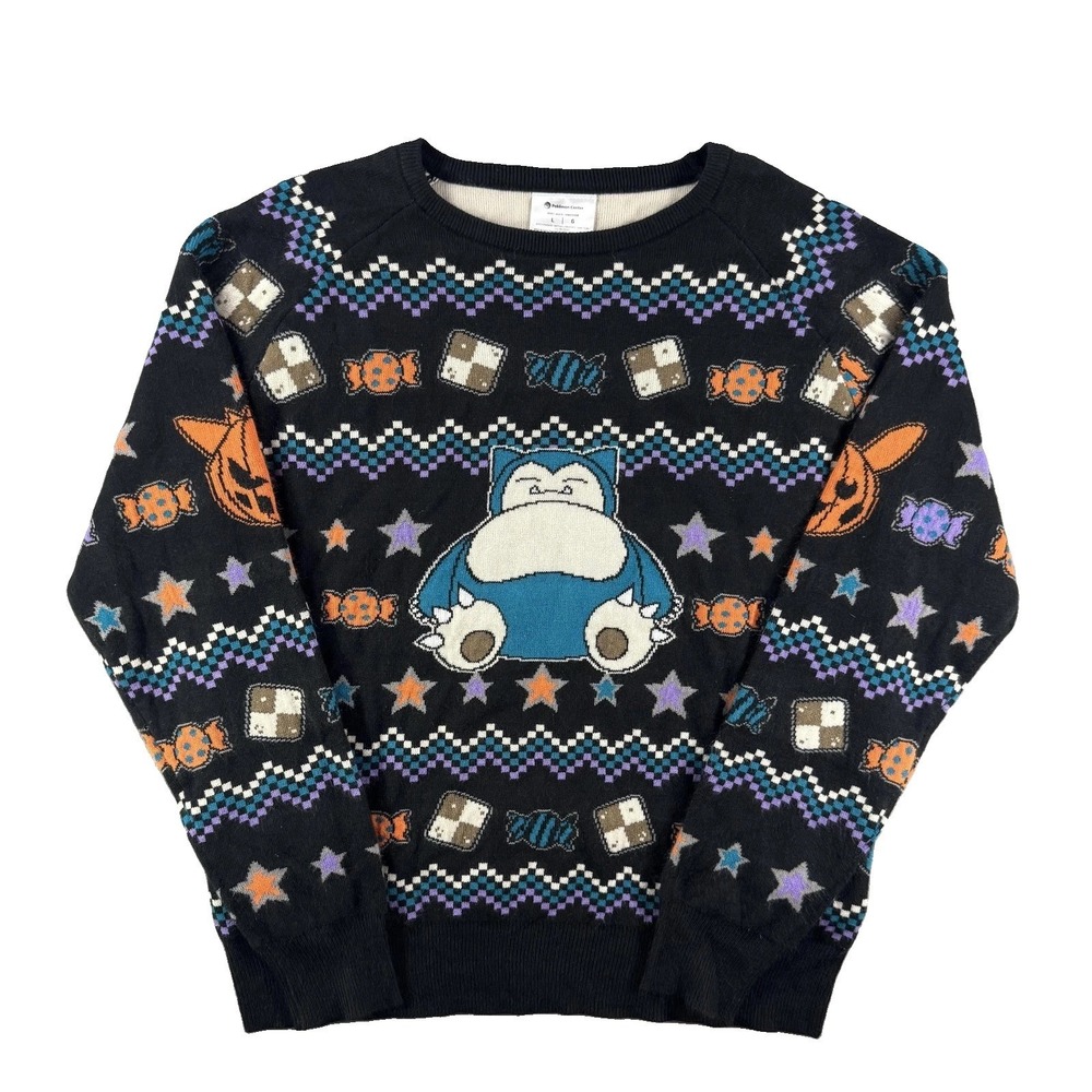 Pokémon Center Sweater Mens Large Black Snorlax Halloween Graphic Knit Pullover